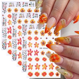 6 Sheets Autumn Flower Nail Decals for Nail Art 3D Self-Adhesive Fall Nail Stickers Orange Starfish Floral Nail Art Stickers Cute Colorful Small Flowers Leaves Nail Design Decals for Women
