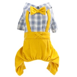 Dog Shirts Clothes Striped Onesies, Pet Plaid Overalls Apparel, Puppy Costumes Classic Black and White Jumpsuit with Bowtie for Small Medium Dogs Cats Boy Girl Wedding/Party (Small, Yellow)