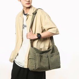 Wxnow Multi-Pocket Canvas Hobo Bag Large Crossbody Bag Retro Office Outdoor Shoulder Tote Bag for Women and Men