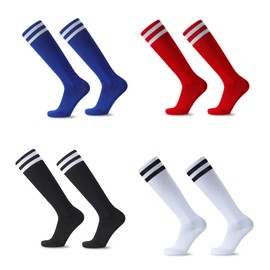 HAGOT 4 Pairs Kids Football Socks, Striped Knee Children School Football Socks, Breathable Athletic Cotton Socks for Junior Running, Training, Rugby, Aged 5-12, Black+White+Blue+Red