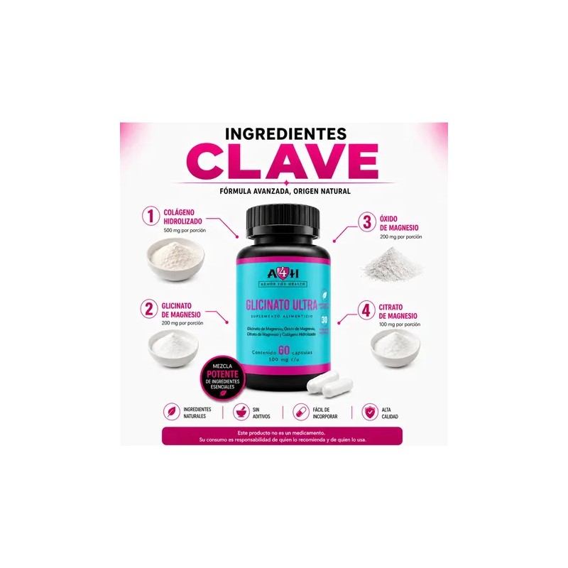 Glicinato Ultra 60 Cáp Glicinato De Magnesio 500 Mg A4h