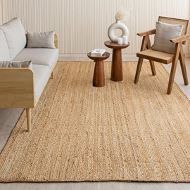 HOMEMONDE Handwoven 8'x10' Jute Area Rug Natural Solid Braided - Eco Friendly Natural Fiber - Reversible Farmhouse Rug for Living Room, Hallway, Bedroom, Dinning Room, Kitchen, Office
