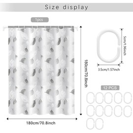 WOODFIB Shower Curtain, 100% PEVA Waterproof Anti-Mould Proof Resistant, Quick-Drying, Washable Bathroom Curtain, Includes 12 Pcs Curtain Hooks, 180 x 180 cm (Foliage)