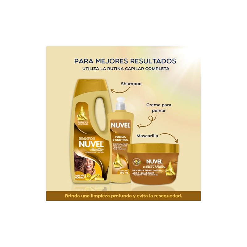 Nuvel Shampoo Capilar Fuerza y Control con Placenta, Ácido Hialurónico