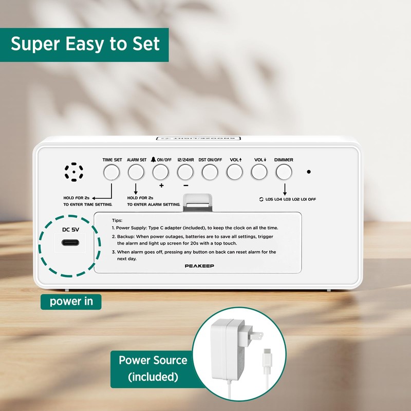 Peakeep Digital Clock, Alarm Clock Battery Backup Powered for Bedrooms