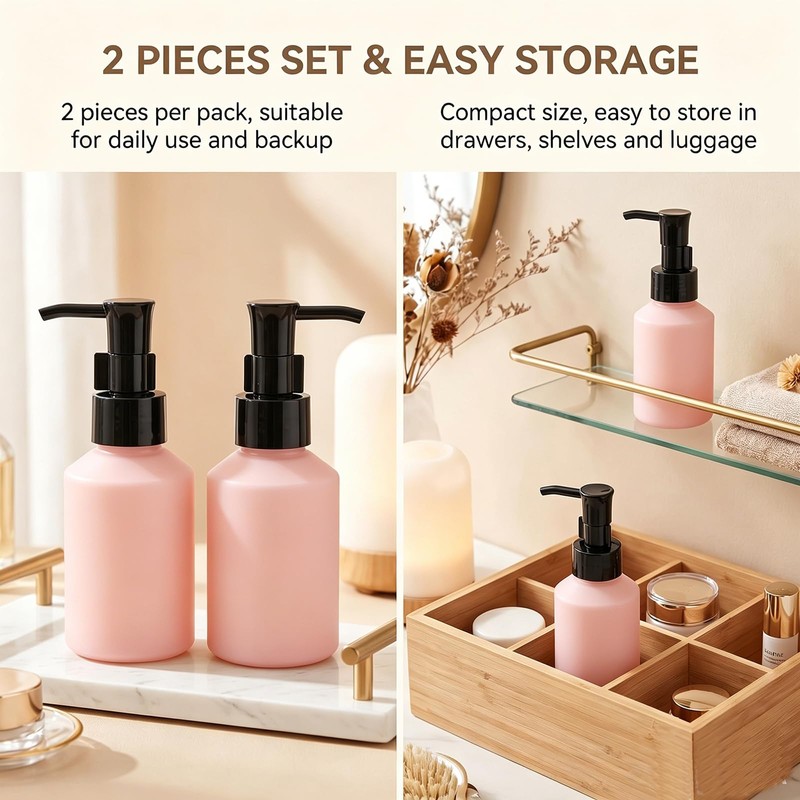 2 Pack 2oz Empty Matt Pink Glass Pump Bottles, Refillable