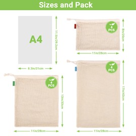ENPOINT Pack of 12 Reusable Grocery Bags, 3 Sizes (4xS+4xM+4xL) Reusable Shopping Bags Heavy Duty Cotton Bags Mesh Bags for Vegetables, Enhanced Closure Edge, Double Stitched, with Tare Weight