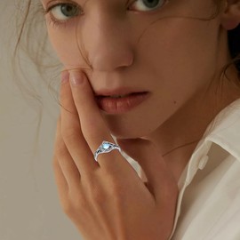 HUKKUN Shark Tooth Ring Sterling Silver Shark Teeth Ring Adjustable Created Opal Marine Jewellery for Women