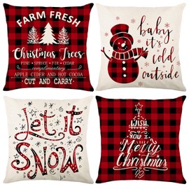 Merry Christmas Red Grey and Black Check Plaid Xmas Tree Snowman Let It Snow Throw Pillow Covers Set of 4, 18 x 18 Inch Christmas Holiday Xmas Square Linen Cushion Covers for Sofa Couch Home and Car