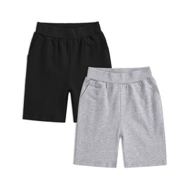 Auranso Boys School Shorts Kids Cycling School PE Sports Shorts Boys Black Grey School Shorts with Pockets, 2Pack, Black/Grey, 7-8 Years