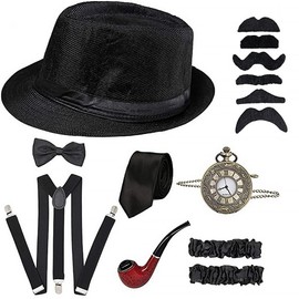 WOTOW 1920s Men’s Costumes, Roaring 20s Gatsby Gangster Costumes Accessories for Men with Gangster Hat Bow Tie Black Tie Suspender Mustaches Sleeve Clips Pocket Watch