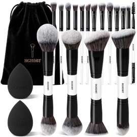 20Pcs Black White Makeup Brushes Set Professional with Case Premium Synthetic for Foundation Concealer Blush Eye Shadow Powder Eye & Face Make up Brush Kit with Beauty Sponge Set Tools
