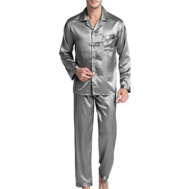 Men's Satin Pajamas Long Button-Down Pj Set Sleepwear Loungewear (Gray, M)