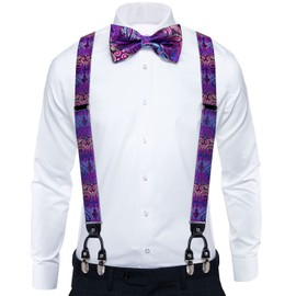 DiBanGu Purple Suspenders for Men Heavy Duty Paisley Suspenders and Bow Tie Set Adjustable Y-Back Mens Trouser Braces