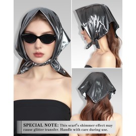 JENSVOIR Head Scarf for Women - Glossy Silver Metallic Shiny Square Bandana Hair Scarf 23.6 Inch Soft and Comfortable Neck Scarf