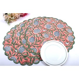 Ridhi Dark Salmon Bo-ho Round Place Mat Double Layer Floral Cotton Washable Placemats 15" Round Embroidery Block Print Table Mat (Pack of 4-15 Inch Round)