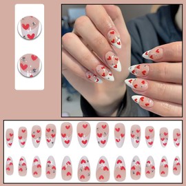 24 Pcs Valentine’s Day Press on Nails Medium Almond Fake Nails with Heart Designs French Tip False Nails Rhinestone Glue on Nails Medium Length Acrylic Press on Nails for Women Girls DIY Nail