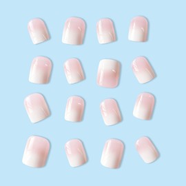 Gradient Pink White Press on Nails Short Square Fake Nails with French Tip Designs Simple Cute Glue on Nails Press ons Ombre Acrylic Glossy Stick on Nails for Women 24 Pcs