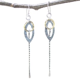 Marquis silver hammered texture earrings with brass circle and silver sticks on oxidized sterling silver hooks