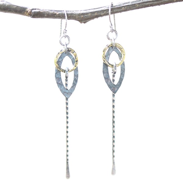 Marquis silver hammered texture earrings with brass circle and silver