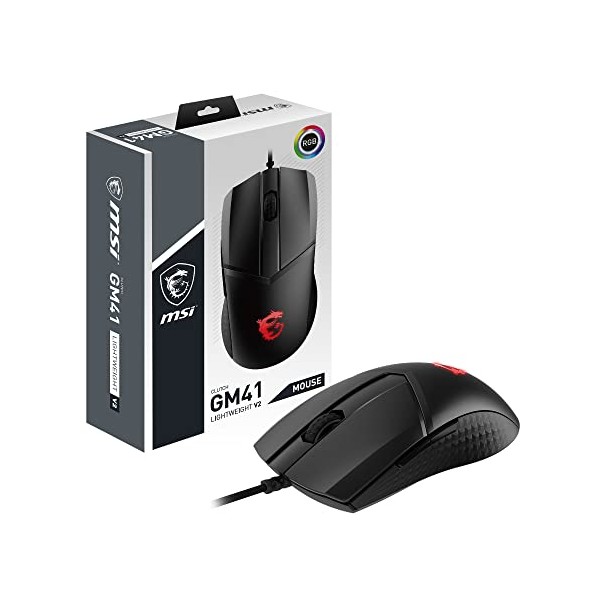 MSI CLUTCH GM41 LIGHTWEIGHT V2 Gaming Mouse - 16000 DPI Optical Sensor, Symmetrical, 60M+ Click OMRON Switches, 6-Buttons, FriXionFree Cable, 1ms Latency, RGB Mystic Light, 65g - Wired
