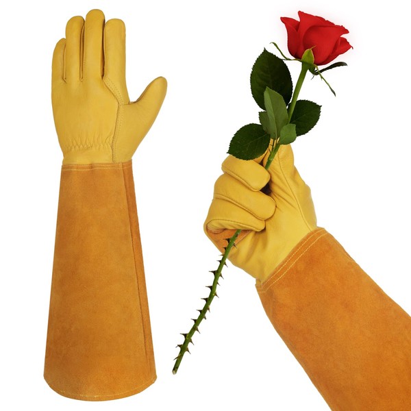 Velway Long Leather Gardening Gloves - Reinforced Palms Thorn Proof