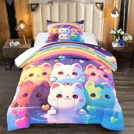 Jiospet Rainbow Cat Comforter Twin Size - Rainbow Cat Bedding for Girls Room Cute Cartoon Rainbow Bedding Twin Comforter Sets for Kids, 1 Comforter+1 Pillowcase
