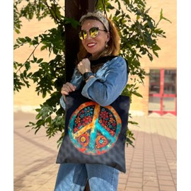 Loxato Aesthetic Tote Bag with Zip – Aesthetic Bag – Fabric Bag with Zip – Jute Bag Printed – Bag Women's – Fabric Bag Aesthetic, Peace