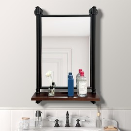 OLDRAINBOW Industrial Pipe Mirror Wood Shelves,Bedroom Mirror with Shelf,Rectangle Iron Wall Mirrors for Living Room Bedroom(29.5x19.68)