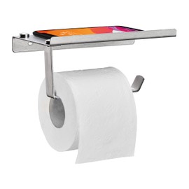 Relaxdays Toilet Roll, Wall Shelf, Phone Holder, Bathroom, Wooden, Storage, Steel, HxWxD: 8 x 18 x 9.5 cm, Silver, Stainless steel