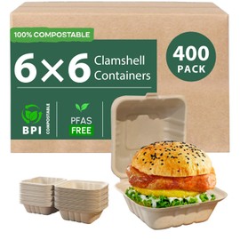 yoyomax [6x6-400Pack] 100% Compostable To Go Food Containers with Lids, Burger Box Take Out Clamshell Container, Bio Disposable | Eco Friendly | Heavy-Duty Boxes, Made of Sugarcane Fibers