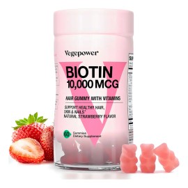 Gominolas de Biotina Vegepower para Cabello y Piel con Vitaminas, Veganas Sabor Fresa, 60 Unidades