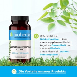200 Lions Mane Mushroom Kapseln Pilze Löwenmähne Pilz 250 mg - Fördert Kognitive Gesundheit und Immunsystem - von BIOHERBA