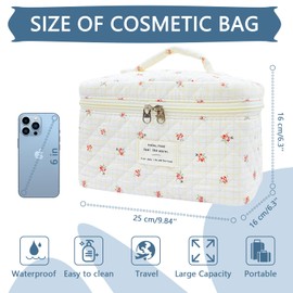Large Travel Quilted Makeup Bag for Women,Big Floral Cotton Cosmetic Bag, Cute Coquette Aesthetic Floral Toiletry Organizer Bag (Plaid-Flower)