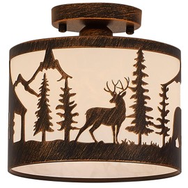 Rustic Semi Flush Mount Ceiling Light with Shade, Black Metal Farmhouse Fixture with Deer and Bear Silhouettes, Wildlife Forest Theme for Cabin, Kitchen, Living Room - E26 Base (9.1" Round)
