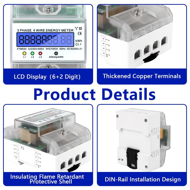 LCD Digital Electricity Meter, 3 Phase Electricity Meter, DIN Rail,