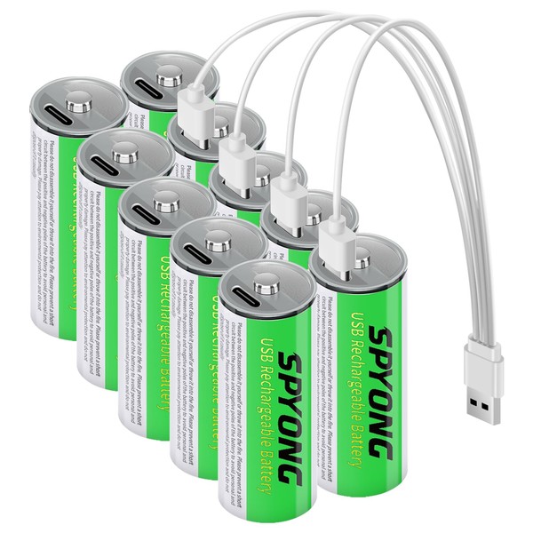 SPYONG - Baterías AA recargables por USB, 3450 mwH/1.5 v baterías de litio AA, carga rápida USB, carga repetible 1500 veces (AA01) (paquete de 10)