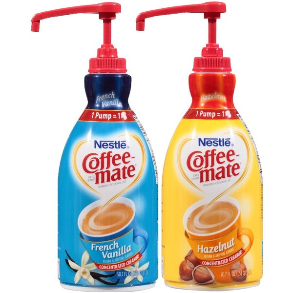 Coffee Mate Liquid Concentrate 1.5 Liter Pump Bottle - 2 Variety Pack Hazelnut & French Vanilla