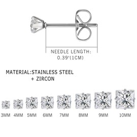 Aroncent 8 Pairs of Women's Square Stud Earrings with Cubic Zirconia, 3 - 10 mm, White/Black, Stainless Steel