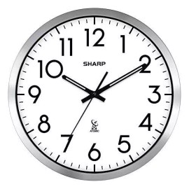 Sharp Atomic Analog Wall Clock - 12" Silver Brushed Finish - Sets Automatically