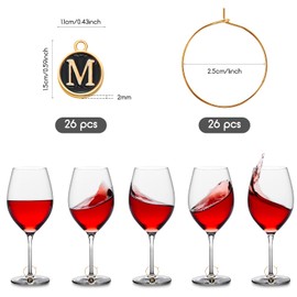26 Piezas Dijes de Vino para Copas de Tallo con Etiquetas de Anillos Marcadores de Dijes de Copa con Letras de Metal Marcadores de Cuentas de Letras para Cóctel Champán Decoraciones (Negro)