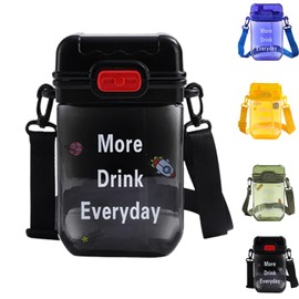 FGVOPJM Kawaii Water Bottle Kids with Stickers,BPA-Free Portable Leakproof Cute Water Bottle with Straw and Strap,Flat Drinking Water Bottles for Girls School Travel (Black)