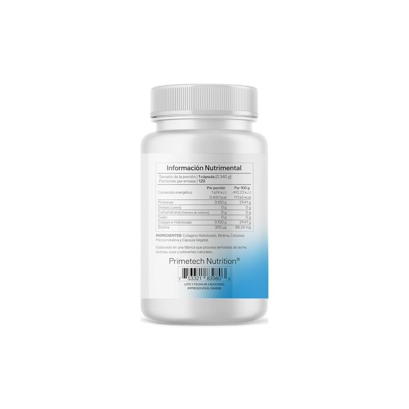 Primetech Nutrition Biotina Colágeno 120 Cápsulas 300 Mcg Suplemento Bio