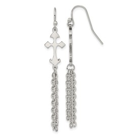 Diamond2Deal Stainless Steel Polished Cross Dangle Shepherd Hook Earrings (L-1.85 Inch, W-0.37 Inch)