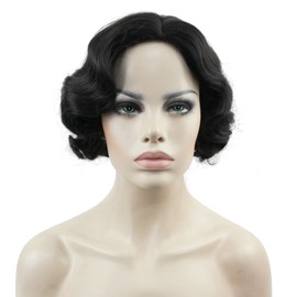 Lydell Vintage Cosplay Party Wig Short Finger Wavy Flapper Hairpiece +Free Wig Cap (Natural Black)
