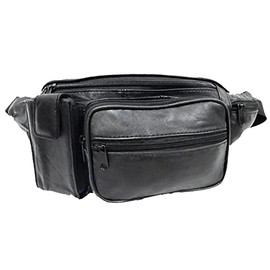 5 Zipper Pockets Deluxe Genuine Leather Waist Bag Fanny Pack w/Water Bottle Holder -BLACK
