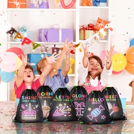 12 Pack Glow Party Supplies Favor Drawstring Bags for Kids' Birthday, Boys Girls Glow Neon Drawstring Backpack Bag as Loot and Goodie bags for Gifts, Treat, Candy or Theme Birthday Party Decorations