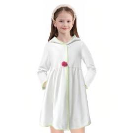Girls Swim Cover Up Bathrobe Toddler Hooded Terry Cloth Beach Kids Towel Robe Coverups Pool White Wraps, White, 6Y