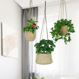 alma home 3 x Hanging Flower Pot, Hanging Baskets Set, Natural as Hanging Basket, Indoor Hanging Basket, Boho Decoration or Storage Basket, 17-20 cm