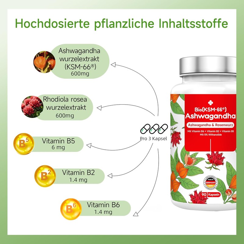 Organic Ashwagandha KSM-66 Rose Root 5 Times per Day 1200